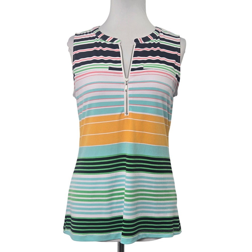 New York & Company S Sleeveless Top Women Multicolor Excellent Striped Zip Front